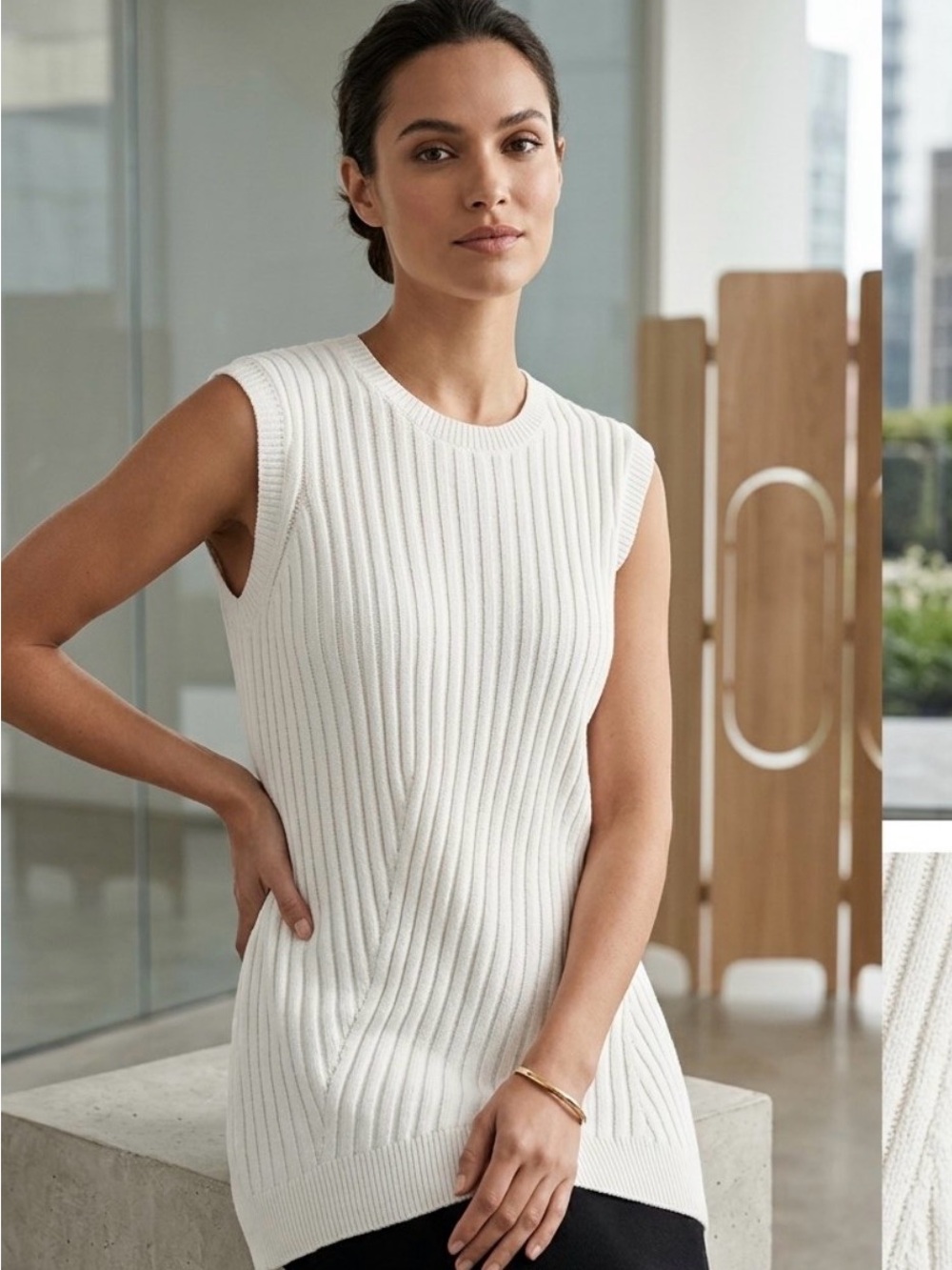Eileen Fisher Organic Cotton & Linen Cream Ribbed Knit Sleeveless Tank